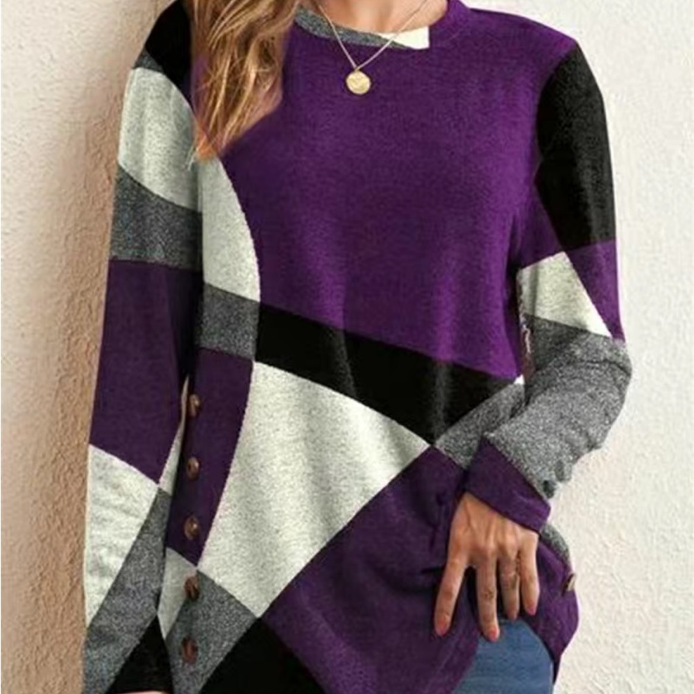 Geometric Patterned Purple and Black Women's Top